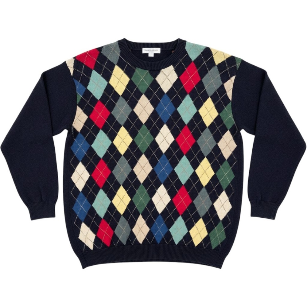 Vintage St Michael Marks & Spencer Argyle Cotton Sweater Navy Blue Mens Large